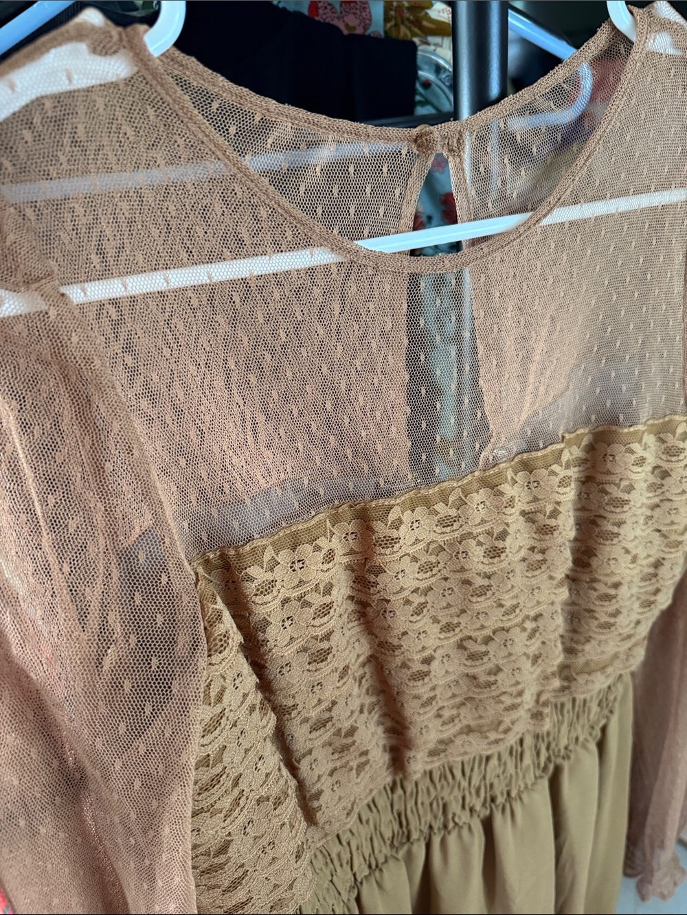 Free People Sheer Lace Bodice Long Sleeve Mini Dress in Camel - Picture 5 of 11